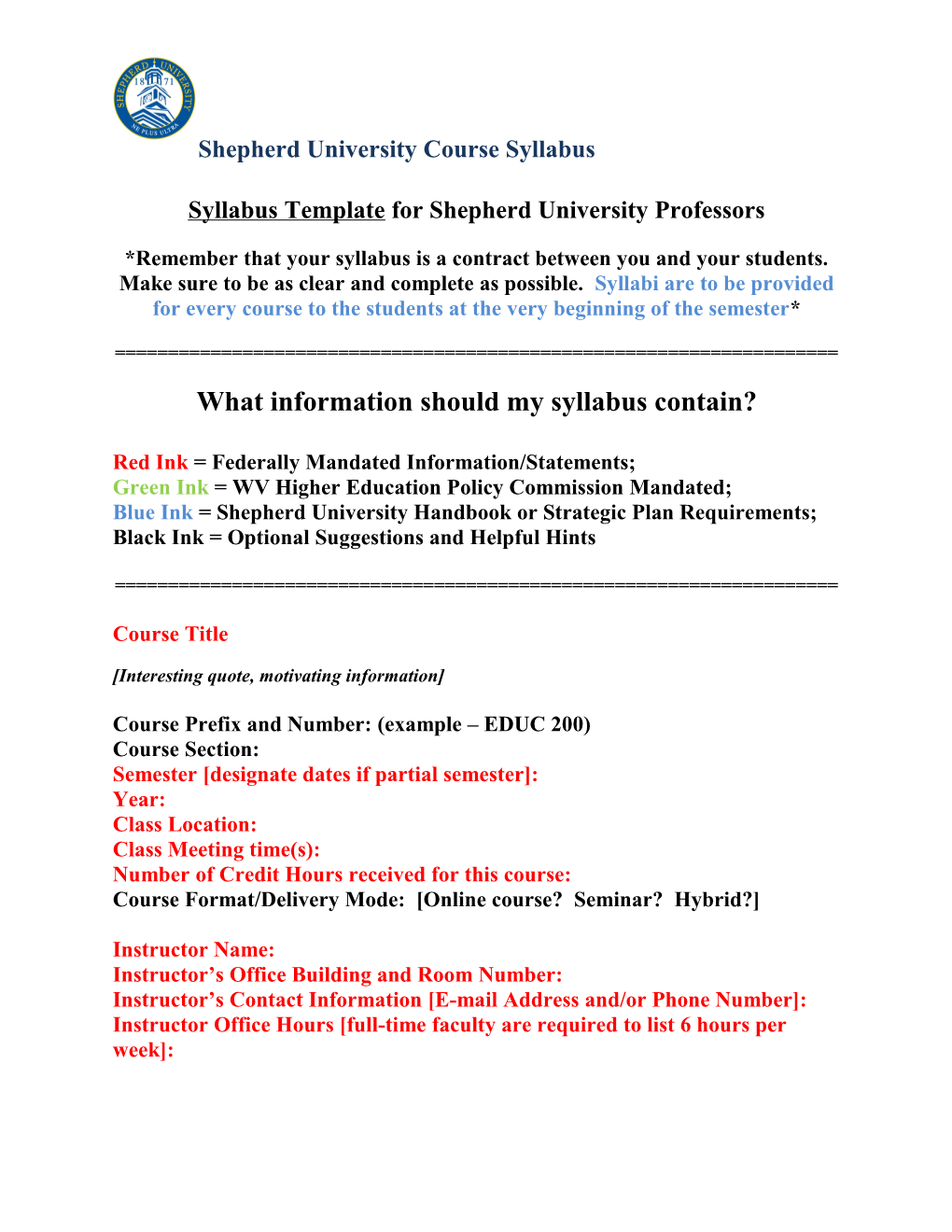 Syllabus Template for Shepherd University Professors