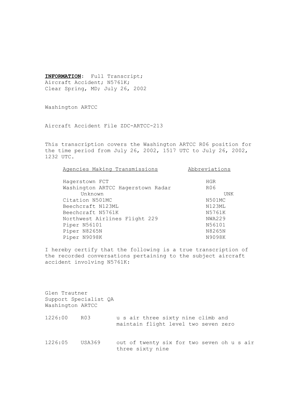 This Transcription Covers the Washington ARTCC R03 Position for the Time Period from September