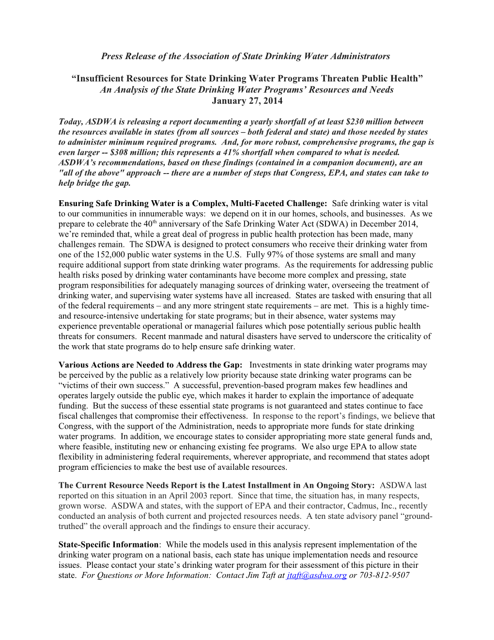 Press Release of the Association of State Drinking Water Administrators