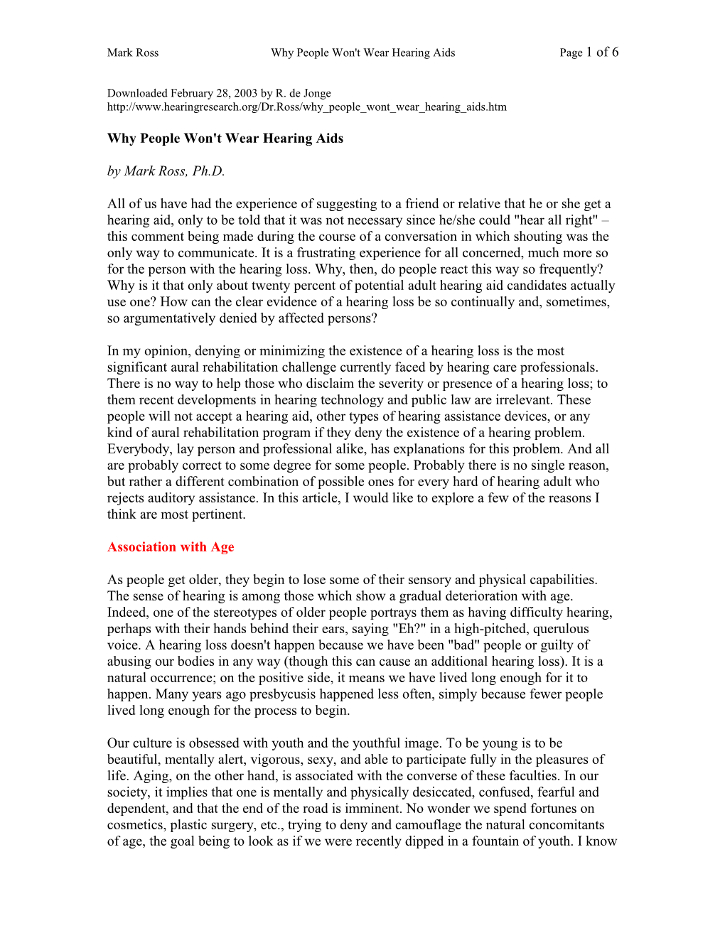 Mark Ross Why People Won't Wear Hearing Aids Page 1 of 6