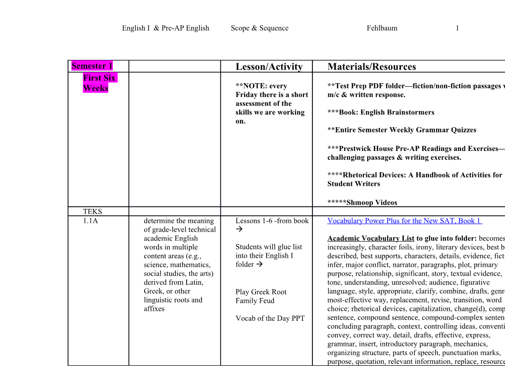 English I & Pre-AP English Scope & Sequence Fehlbaum