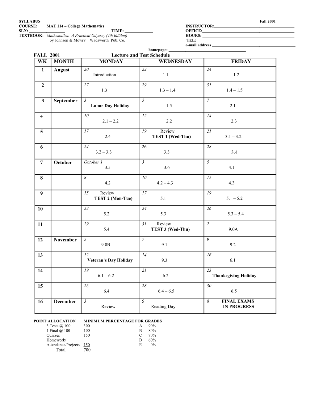 SYLLABUS Fall 2001