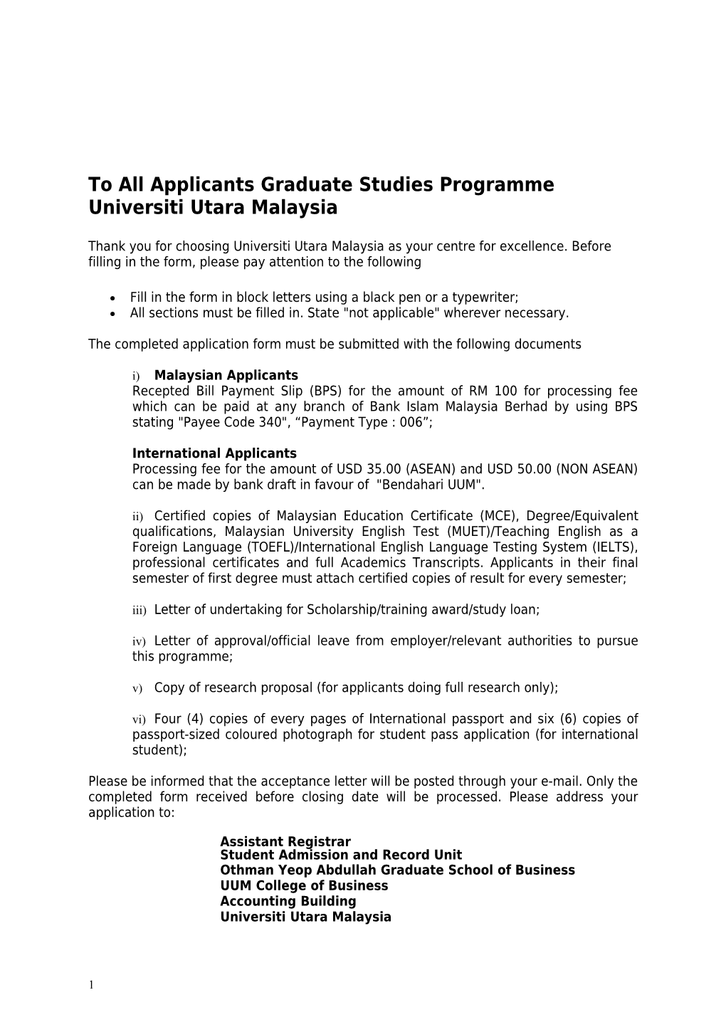 To All Applicants Graduate Studies Programme