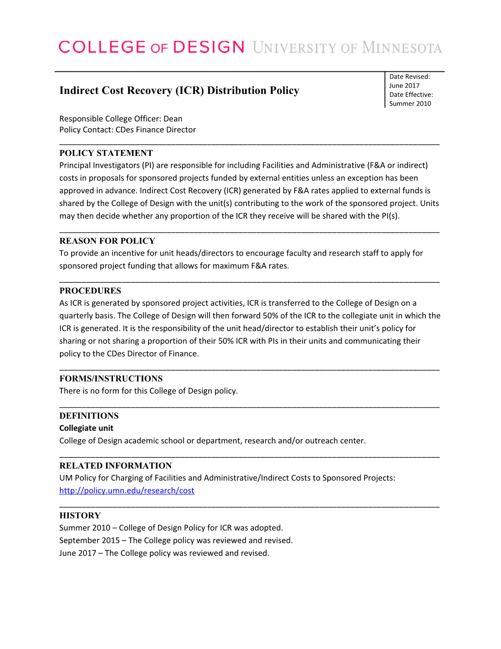 College of Design ICR Distribution Policypage 1