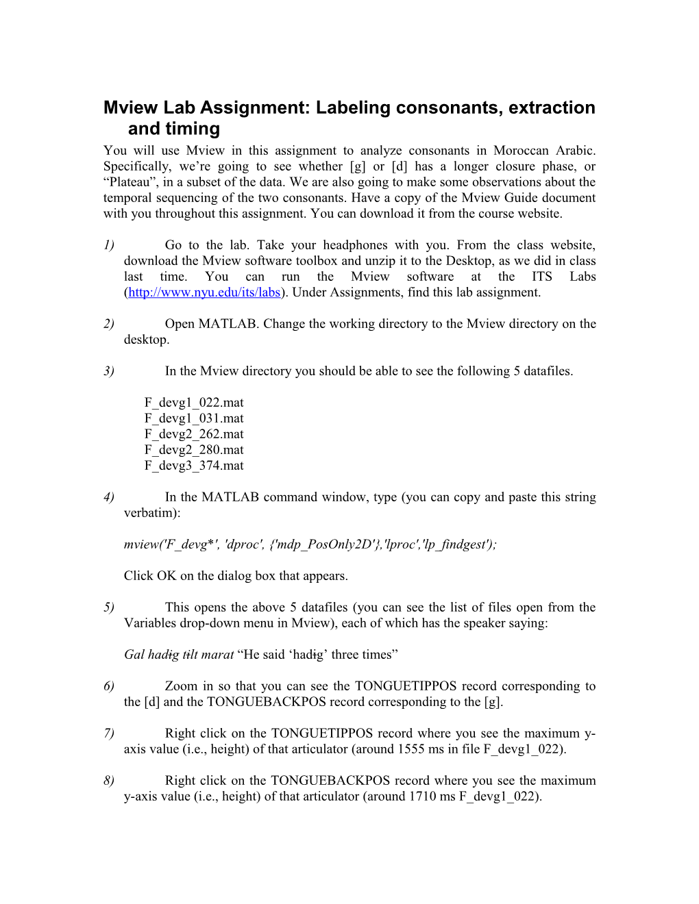 Mview Lab Assignment: Labeling Consonants, Extraction and Timing