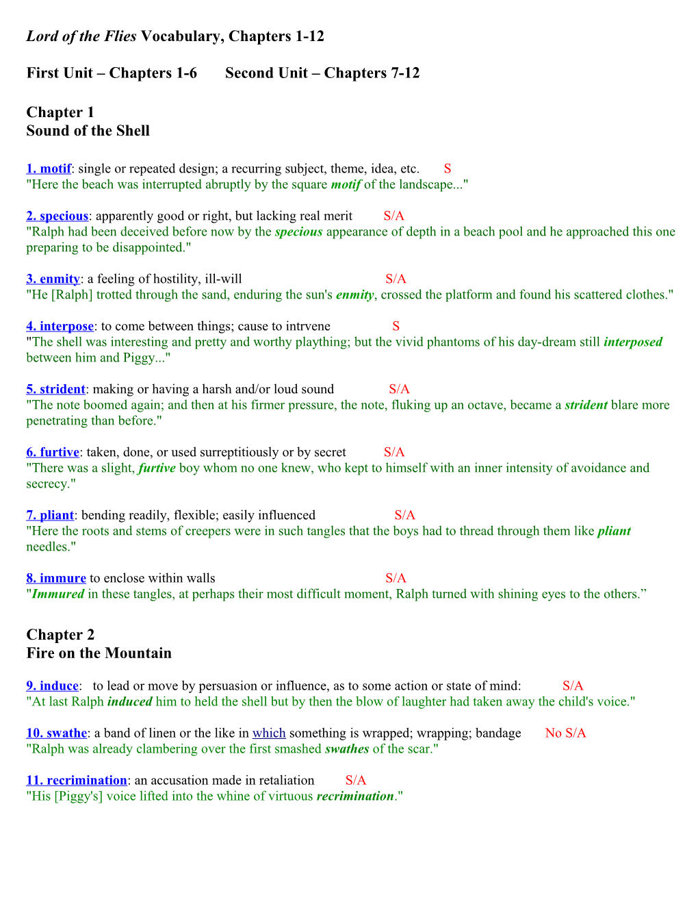 Lord of the Flies Vocabulary, Chapters 1-12