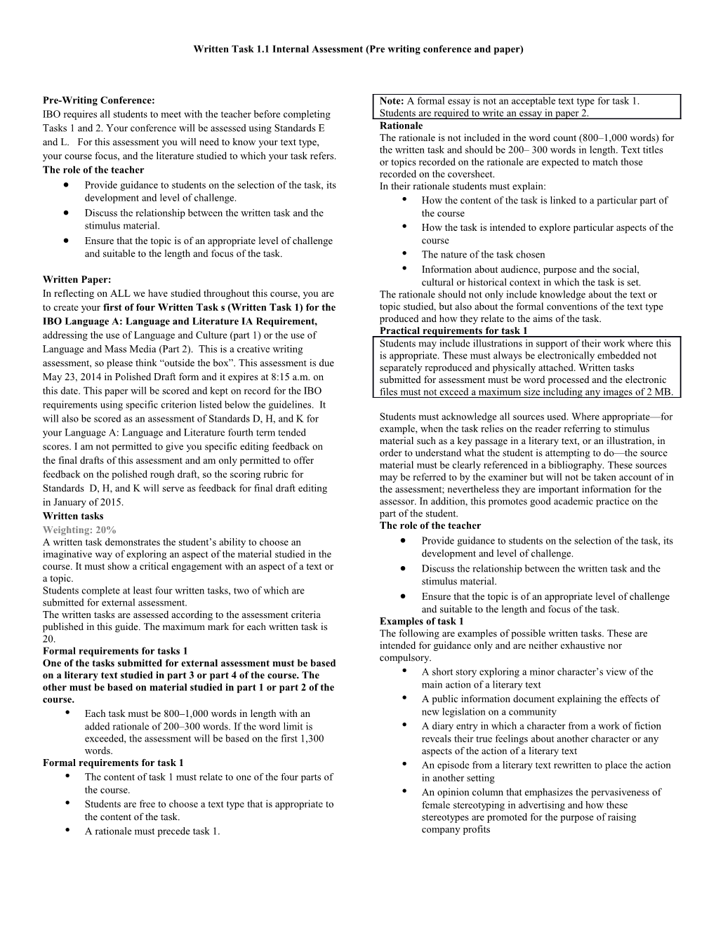 Written Task 1.1 Internal Assessment (Pre Writing Conference and Paper)