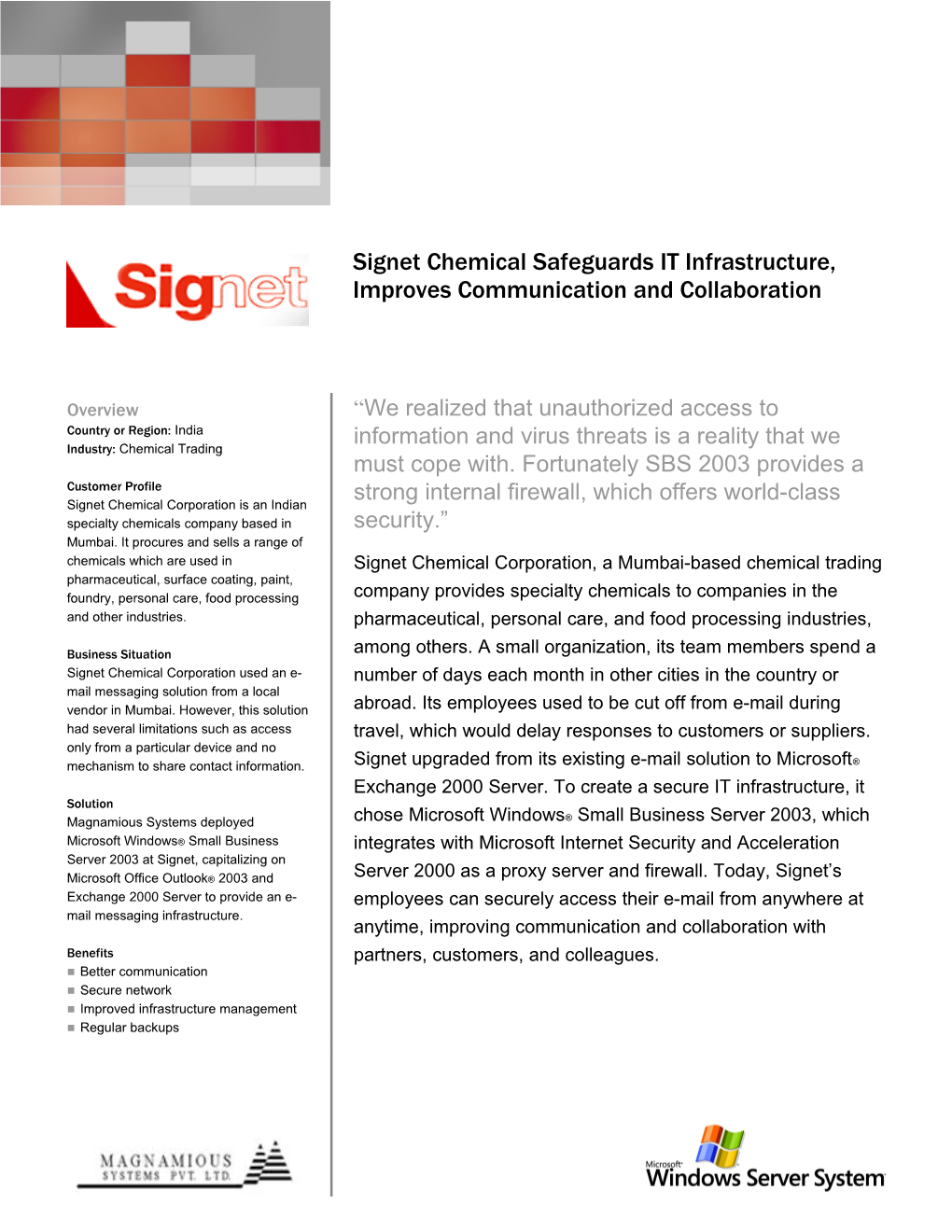 Signet Chemical Safeguards IT Infrastructure, Improves Communication and Collaboration