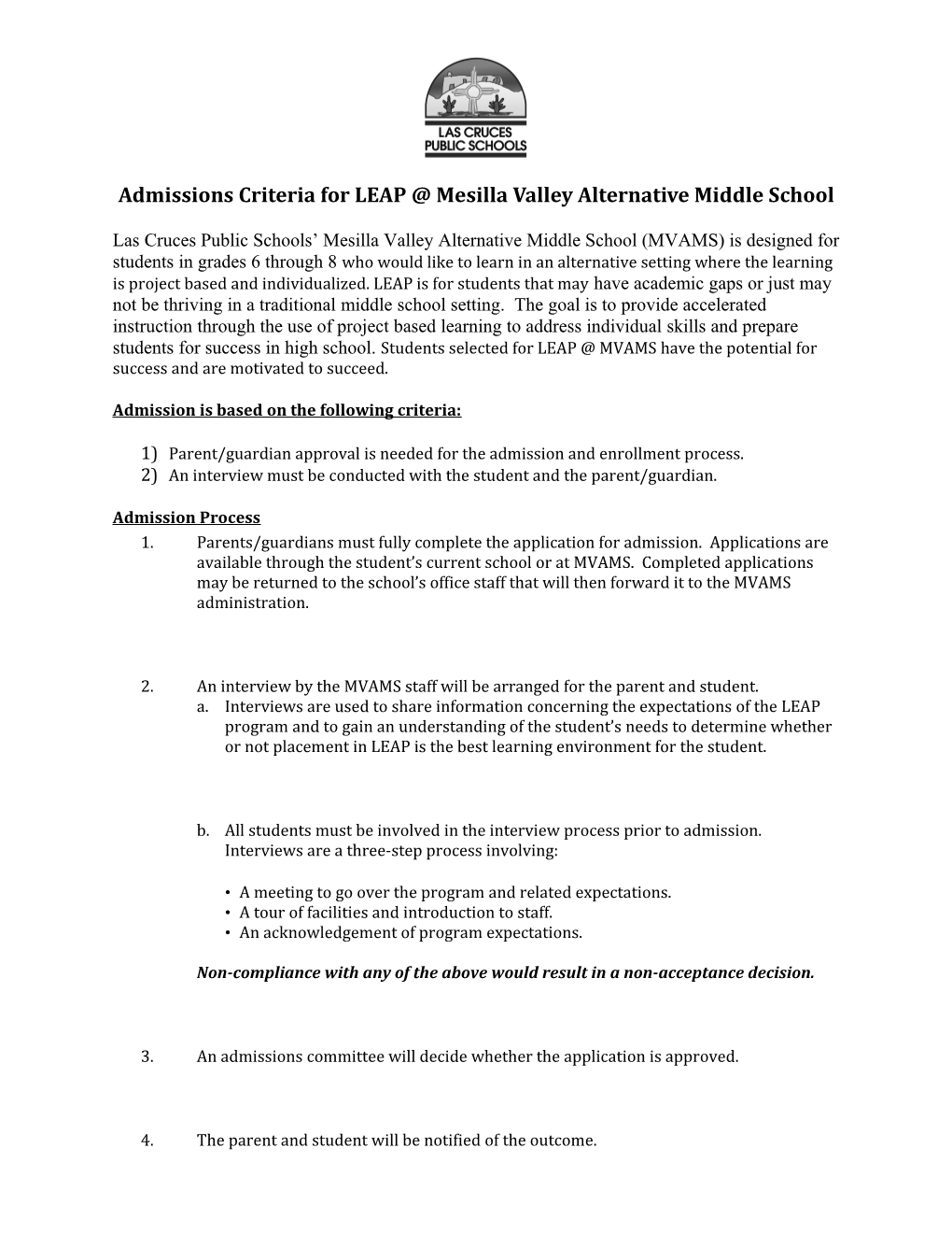 Admissions Criteria for LEAP Mesilla Valley Alternative Middle School