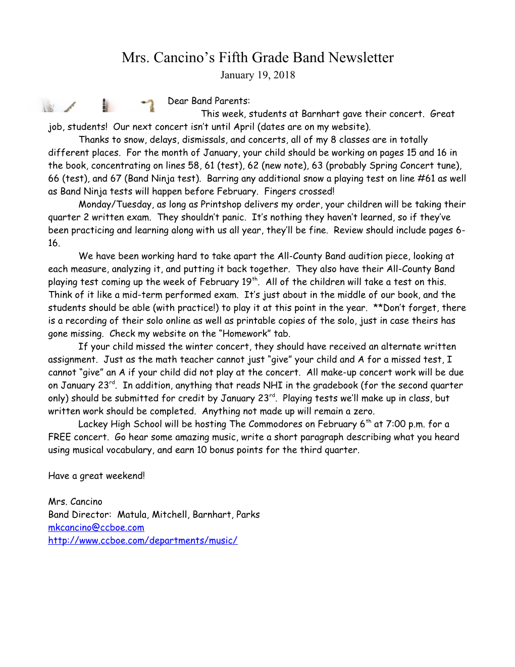 Mrs. Cancino S Fifth Grade Band Newsletter