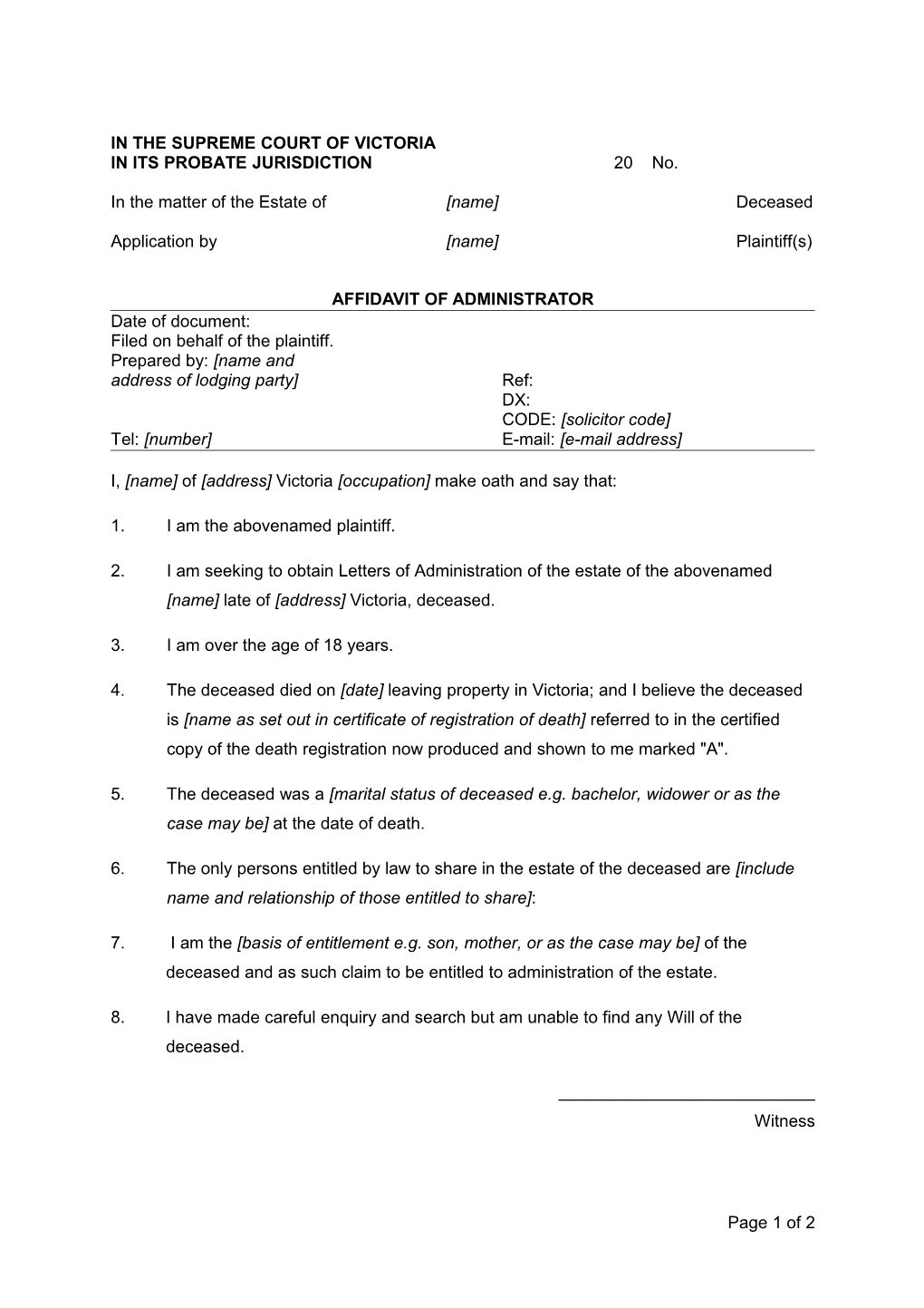 Affidavit of Administrator - Letters of Administration