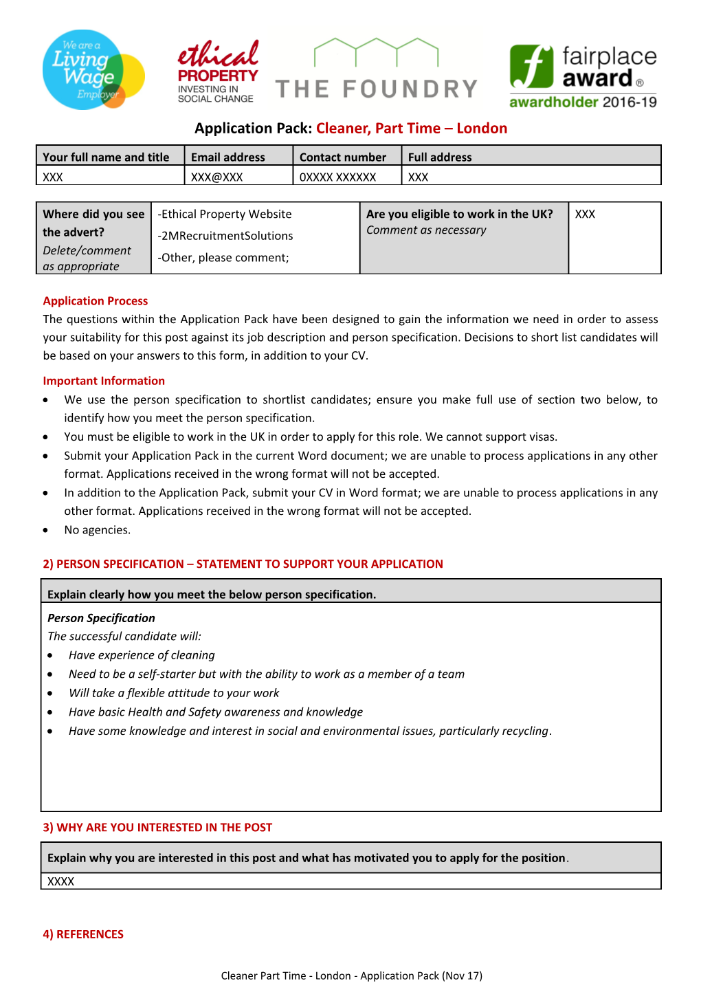 Application Pack: Cleaner, Part Time London