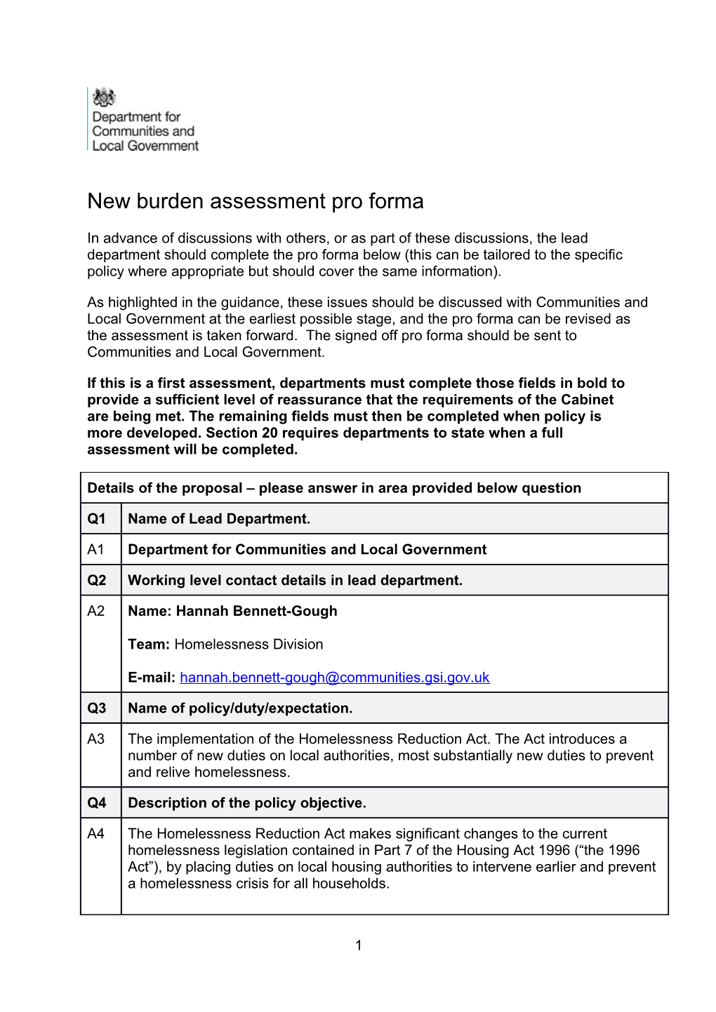 New Burden Assessment Pro Forma