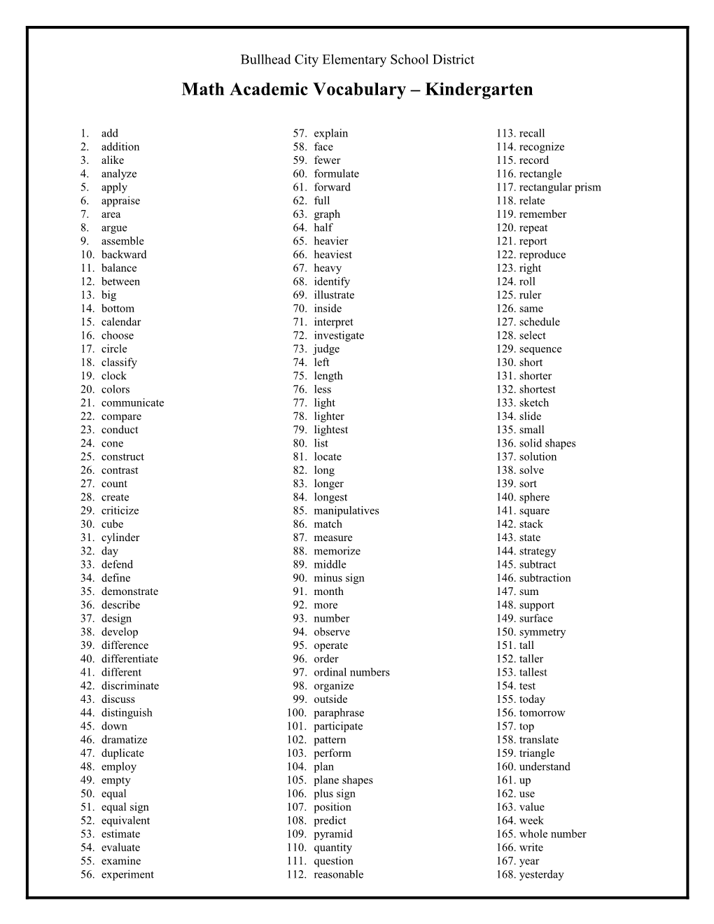 Math Academic Vocabulary Kindergarten