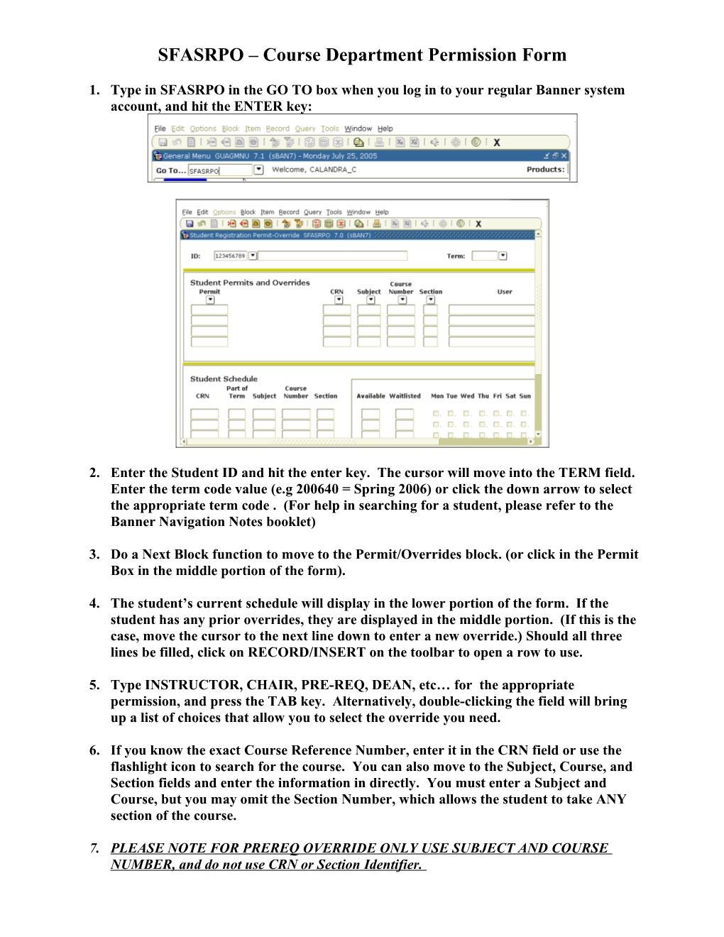 SFASRPO Course Department Permission Form