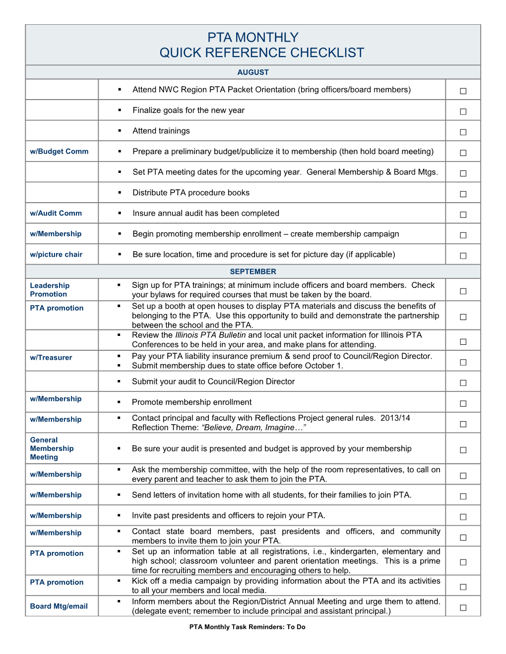 PTA Monthlyquick Reference Checklist