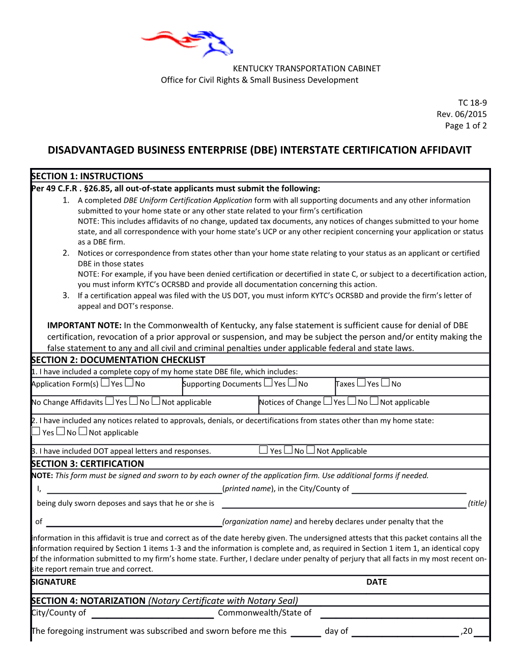 DBE Interstate Certification Affidavit