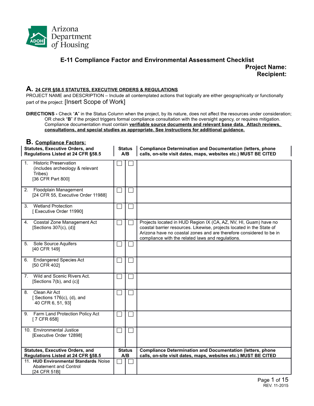 E-11 Compliance Factor and Environmental Assessment Checklist