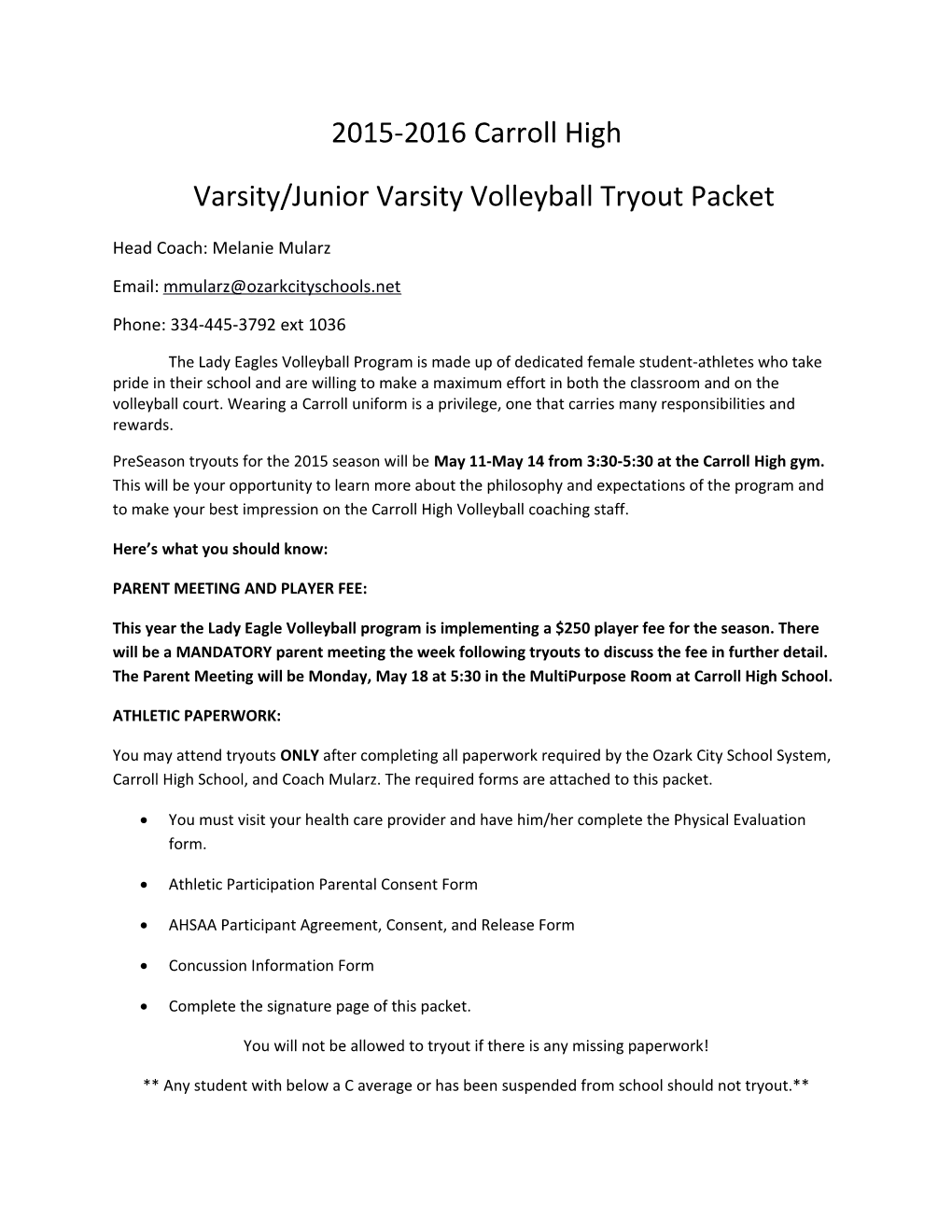 Varsity/Junior Varsity Volleyball Tryout Packet