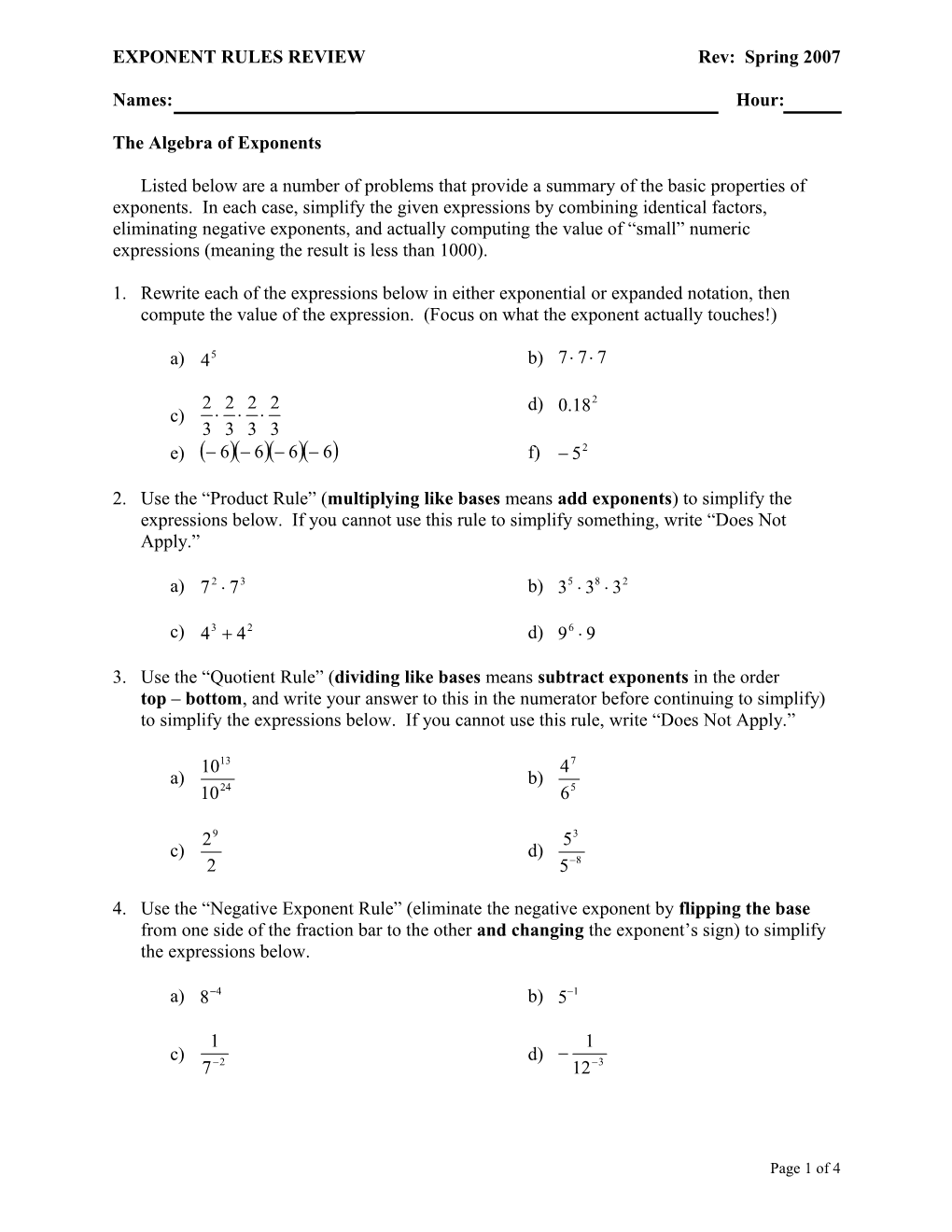 The Algebra of Exponents