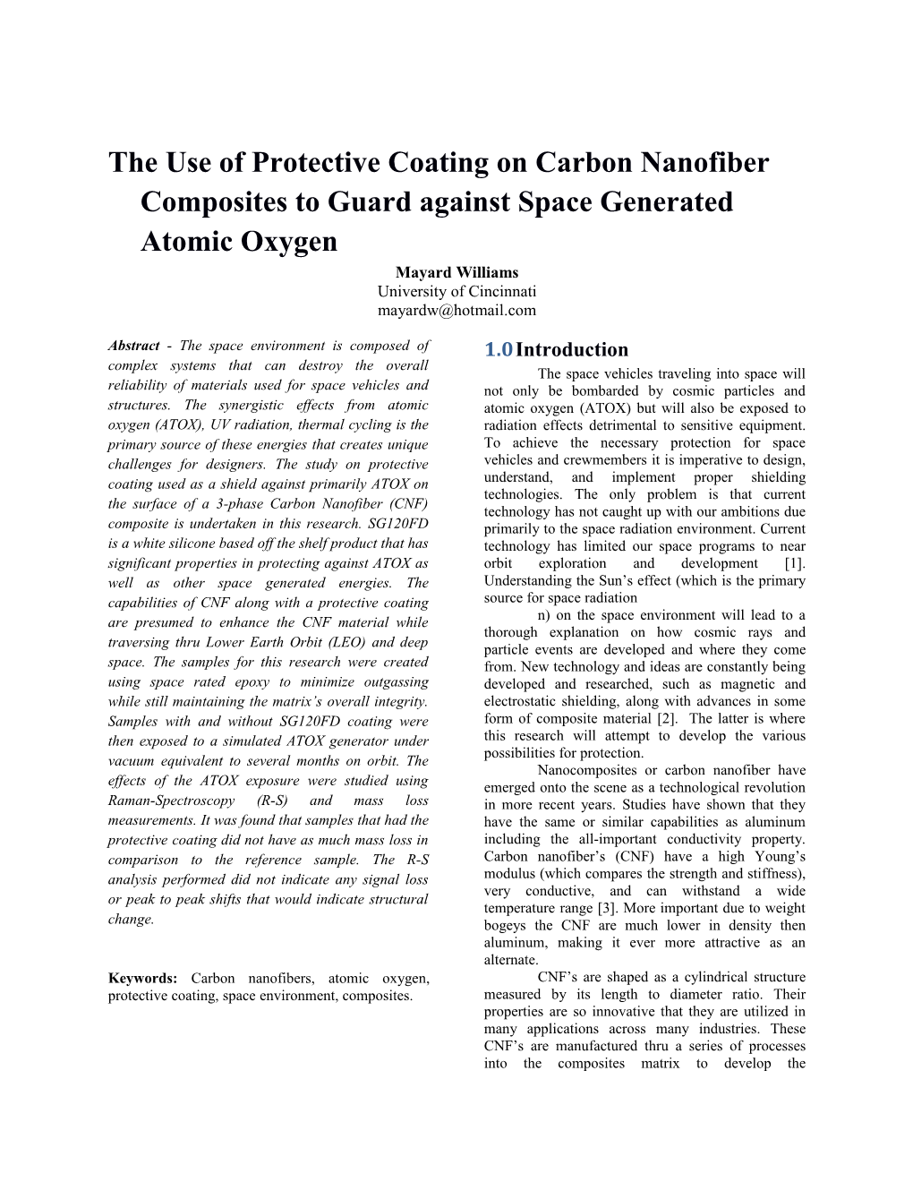 The Use of Protective Coating on Carbon Nanofiber Composites to Guard Against Space Generated