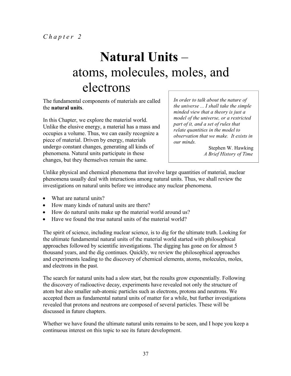 Natural Units Atoms, Molecules, Moles, and Electrons