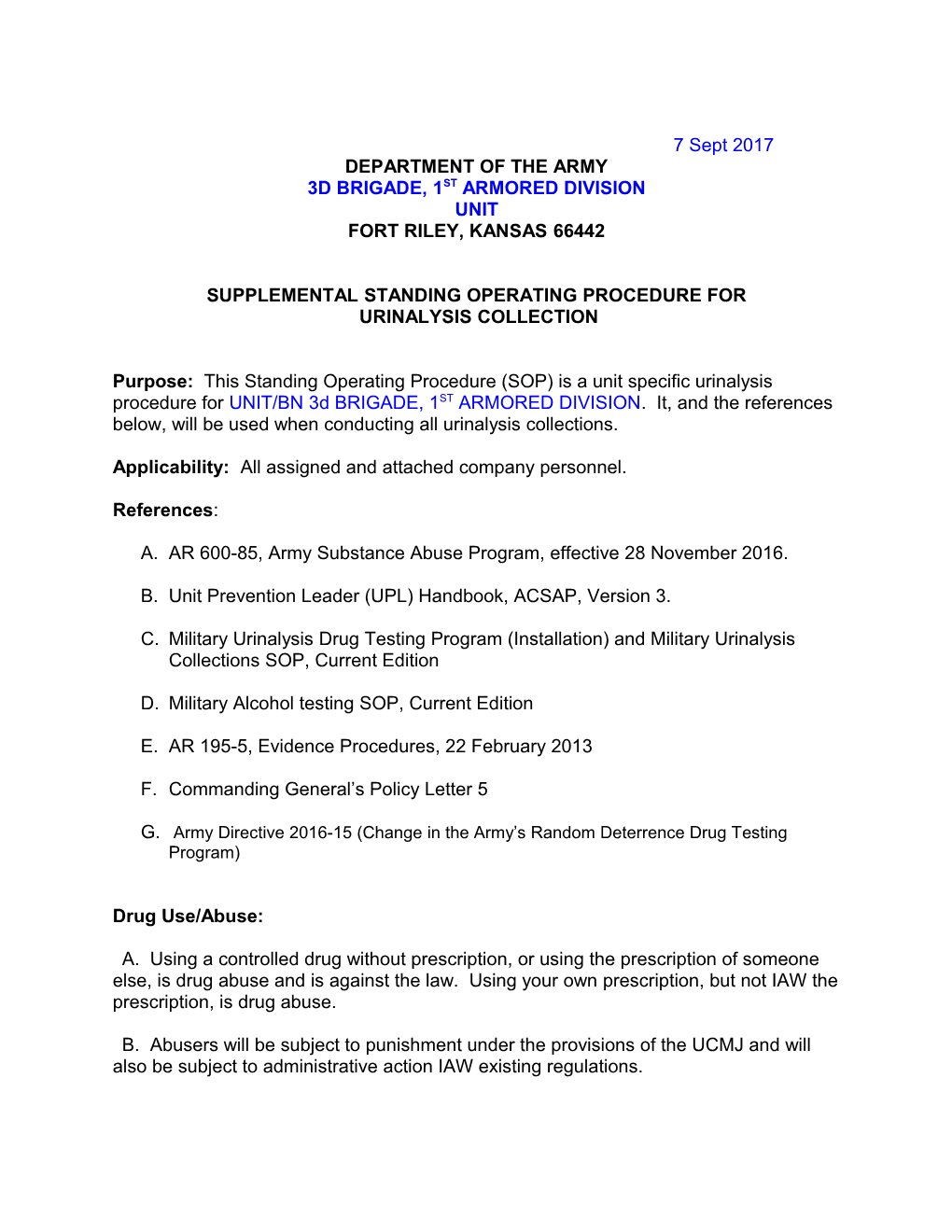 EXAMPLE: Unit Supplemental SOP for Urinalysis Procedures