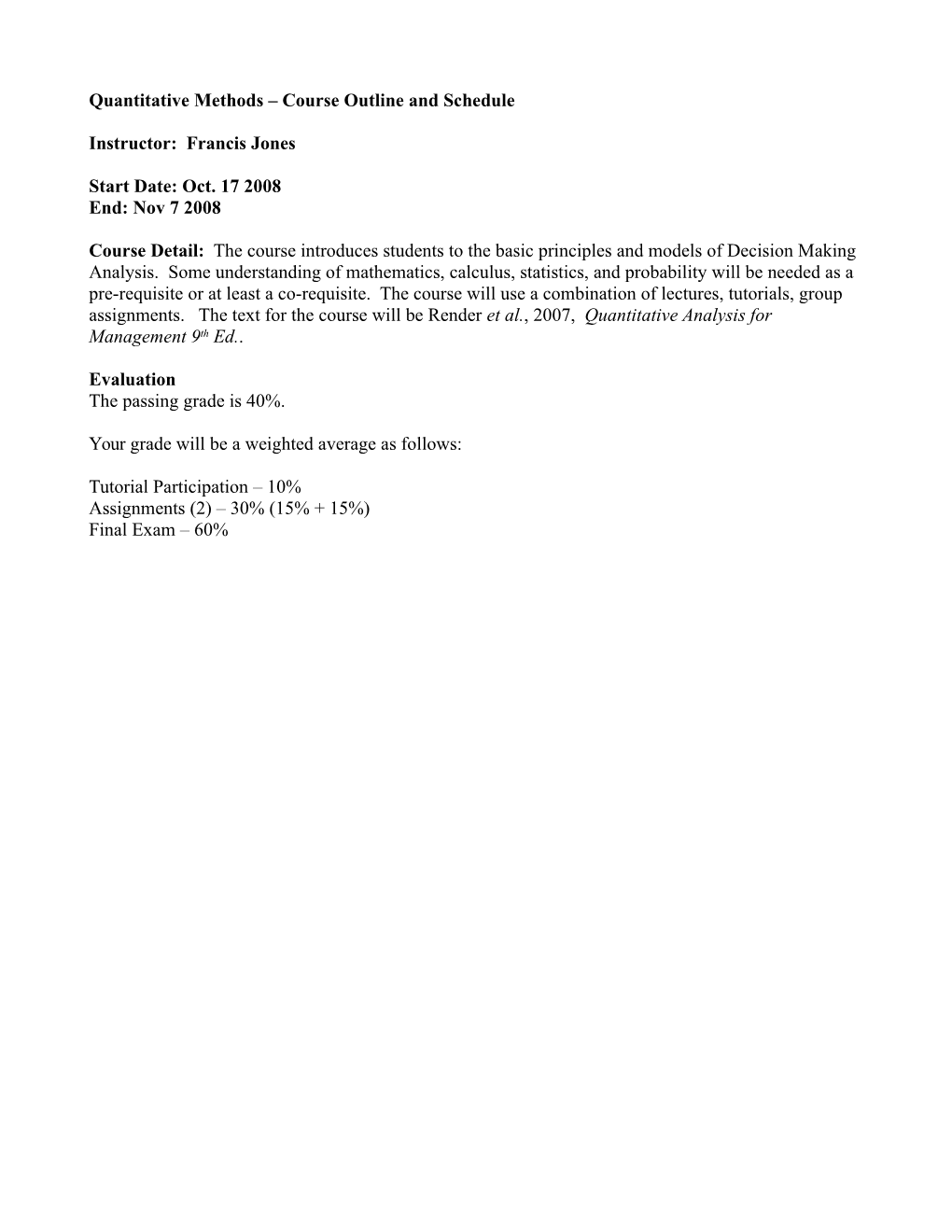 Quantitative Methods Course Outline and Schedule