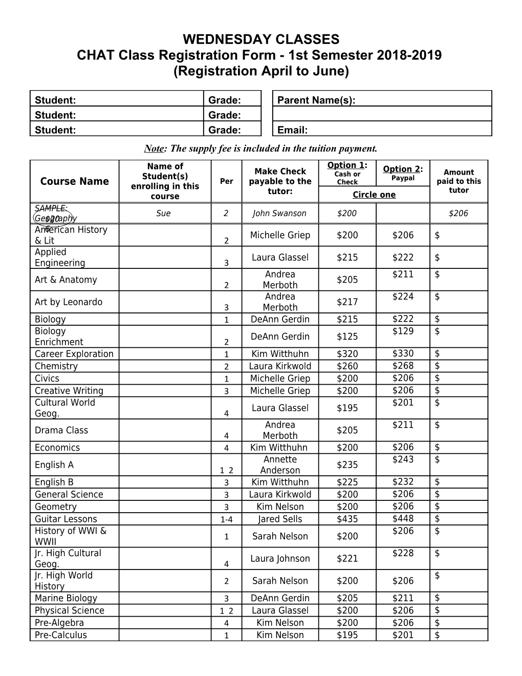 CHAT Class Registration Form - 1St Semester 2018-2019