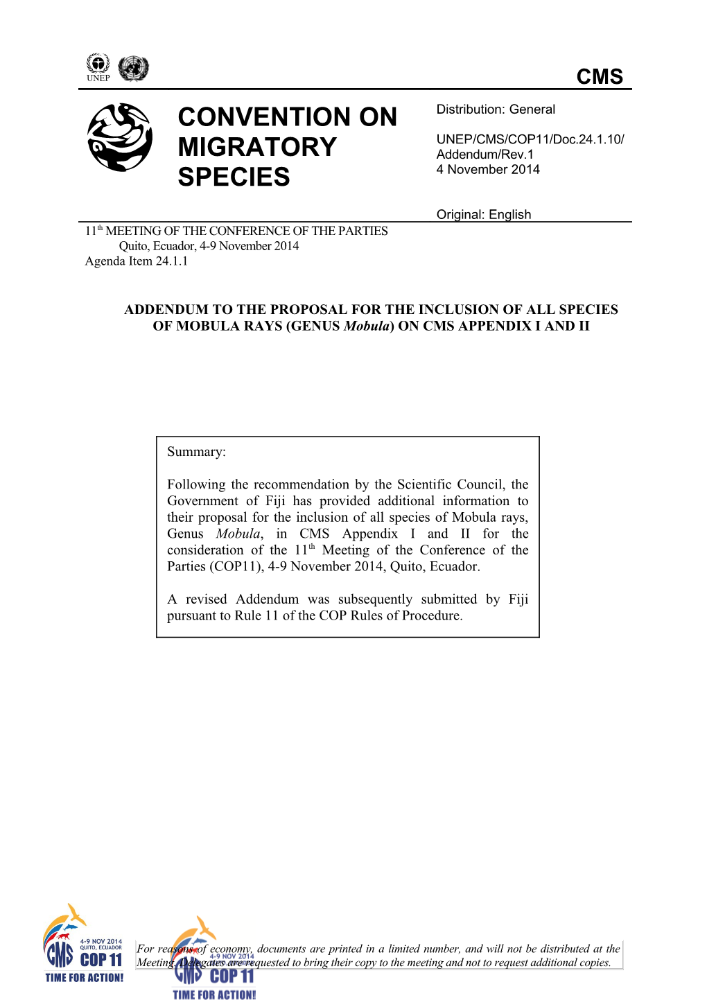 Proposal for Inclusion of the SPECIES of CHONDRICHTHYAN FISH on the Appendices of the Convention s1