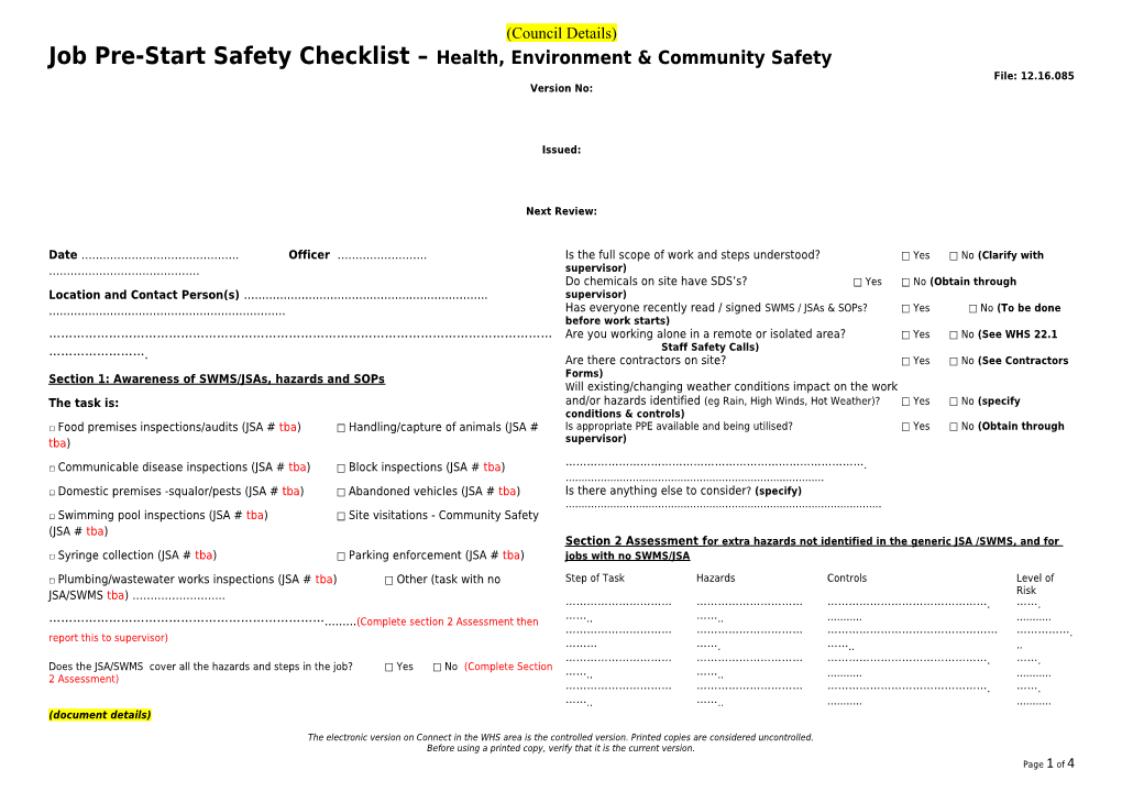 Alexandrina - Checklist - WHS Job Pre Start Safety Checklist Nov 2014
