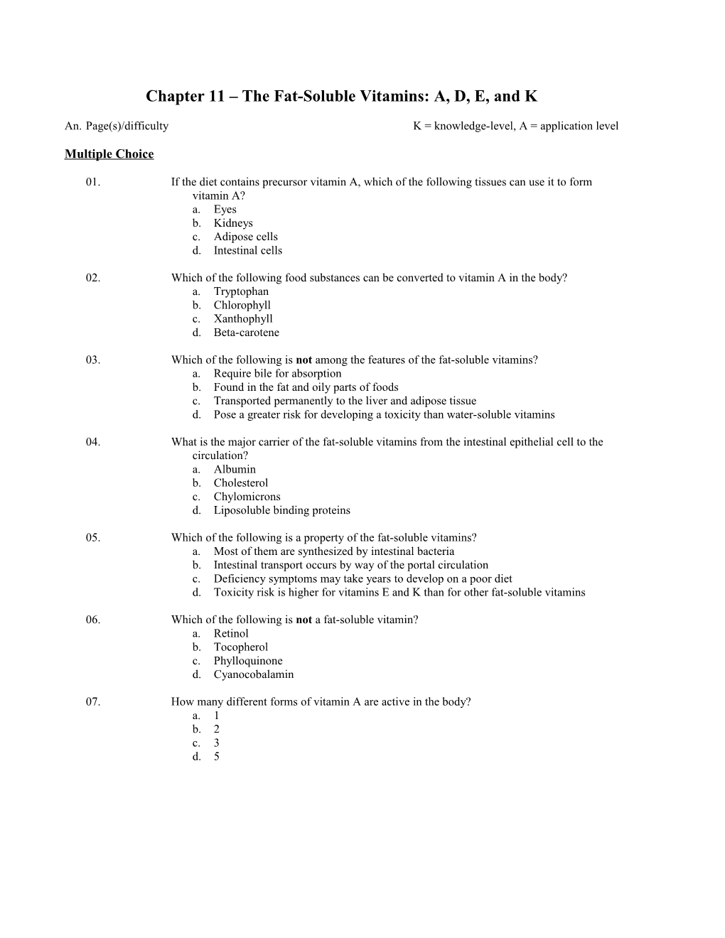 Chapter 11 the Fat-Soluble Vitamins: A, D, E, and K