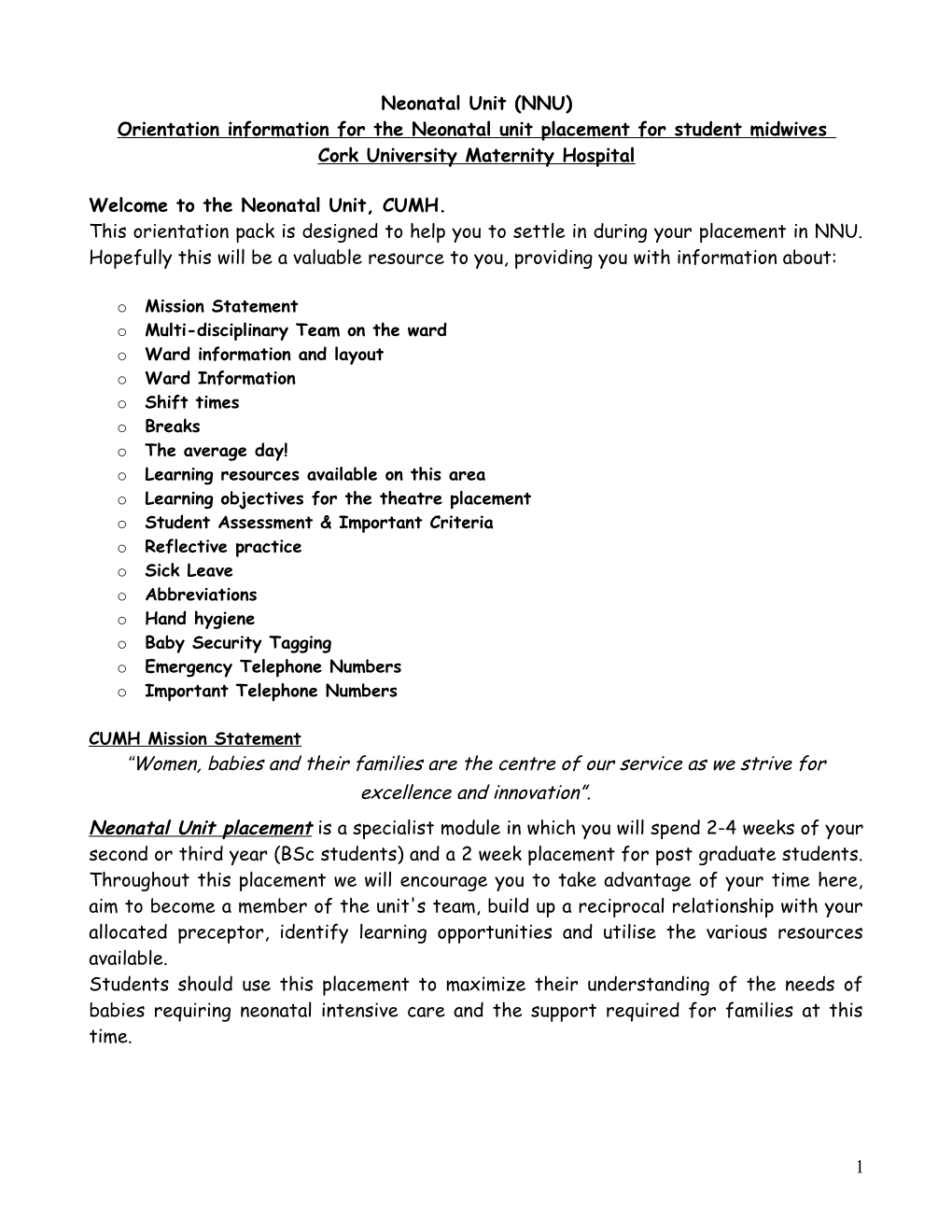 Orientation Information for the Neonatal Unit Placement for Student Midwives