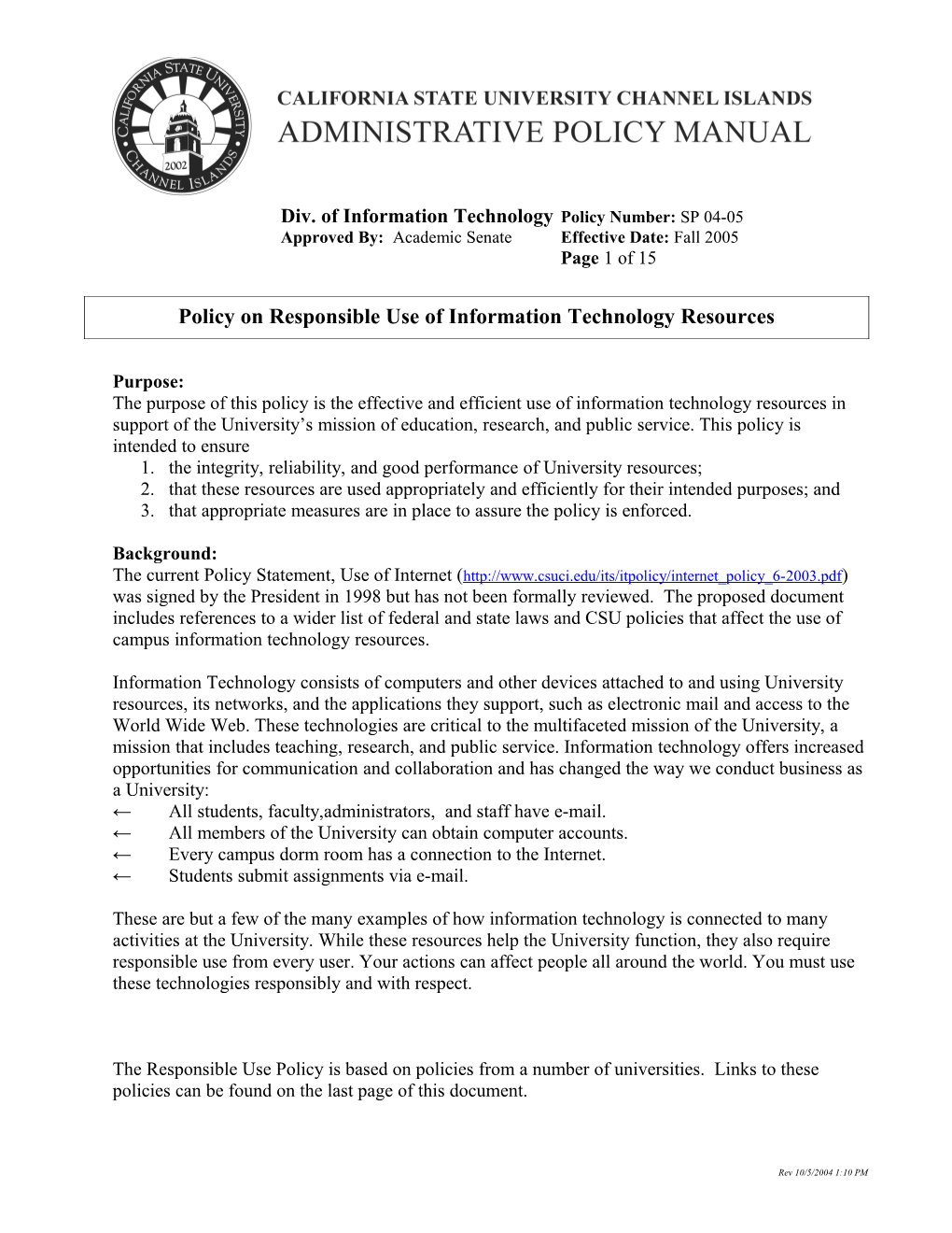 Div. of Information Technology Policy Number: SP 04-05