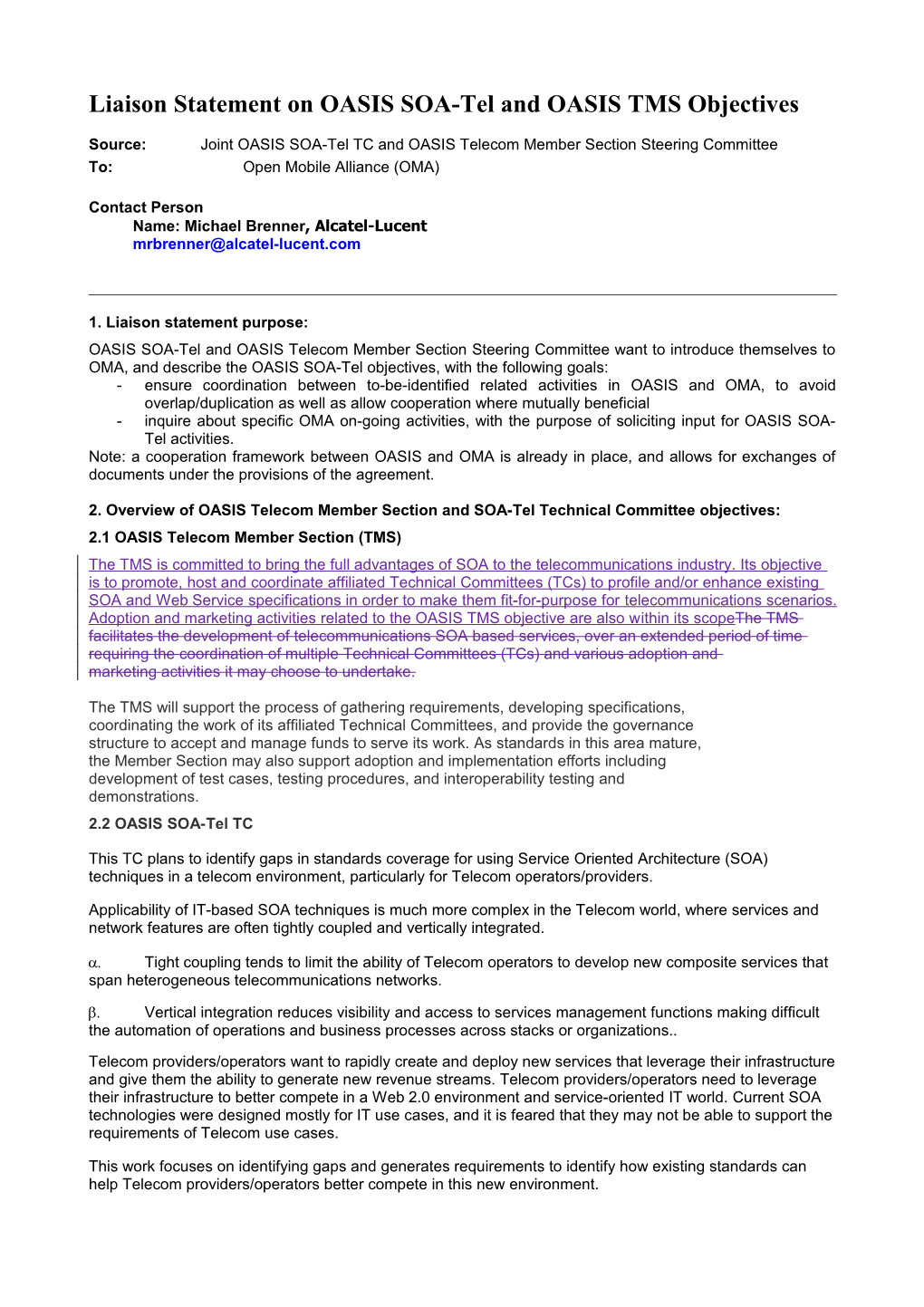 Liaison Statement on OASIS SOA-Tel and OASIS TMS Objectives