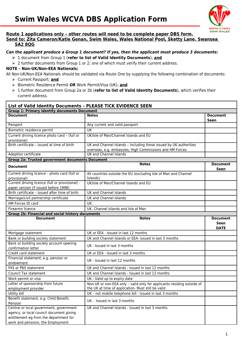 Route 1 Applications Only Other Routes Will Need to Be Complete Paper DBS Form