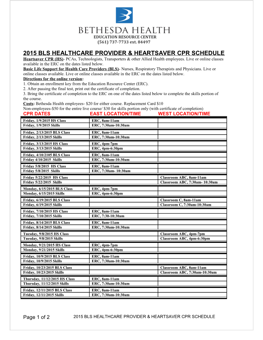 2015 Bls Healthcare Provider & Heartsaver Cpr Schedule