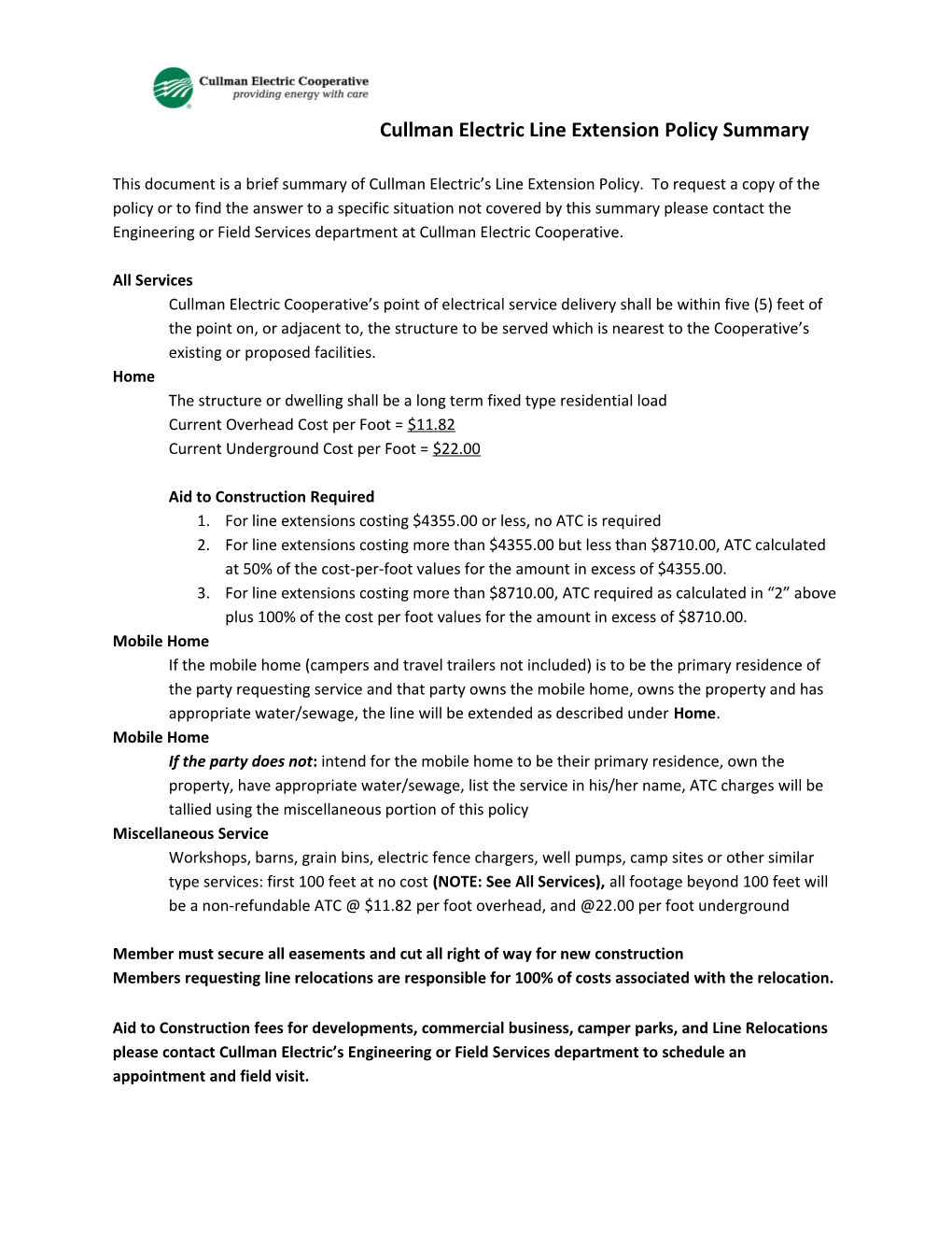 Cullman Electric Line Extension Policy Summary