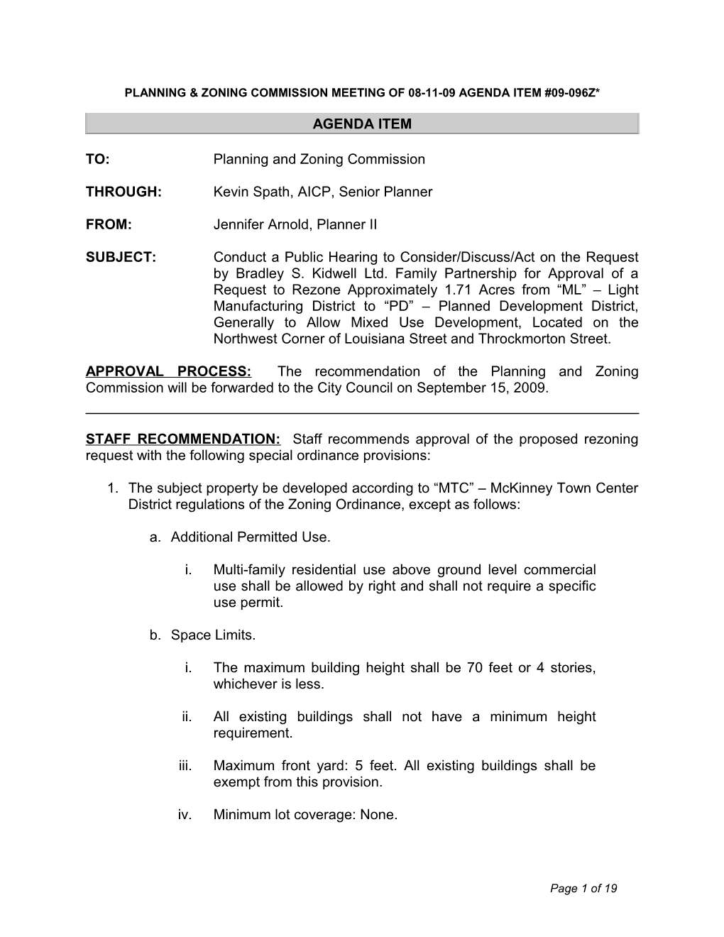 Planning & Zoning Commission Meeting of Month-Day-Year of Meeting Agenda Item #Item Number*