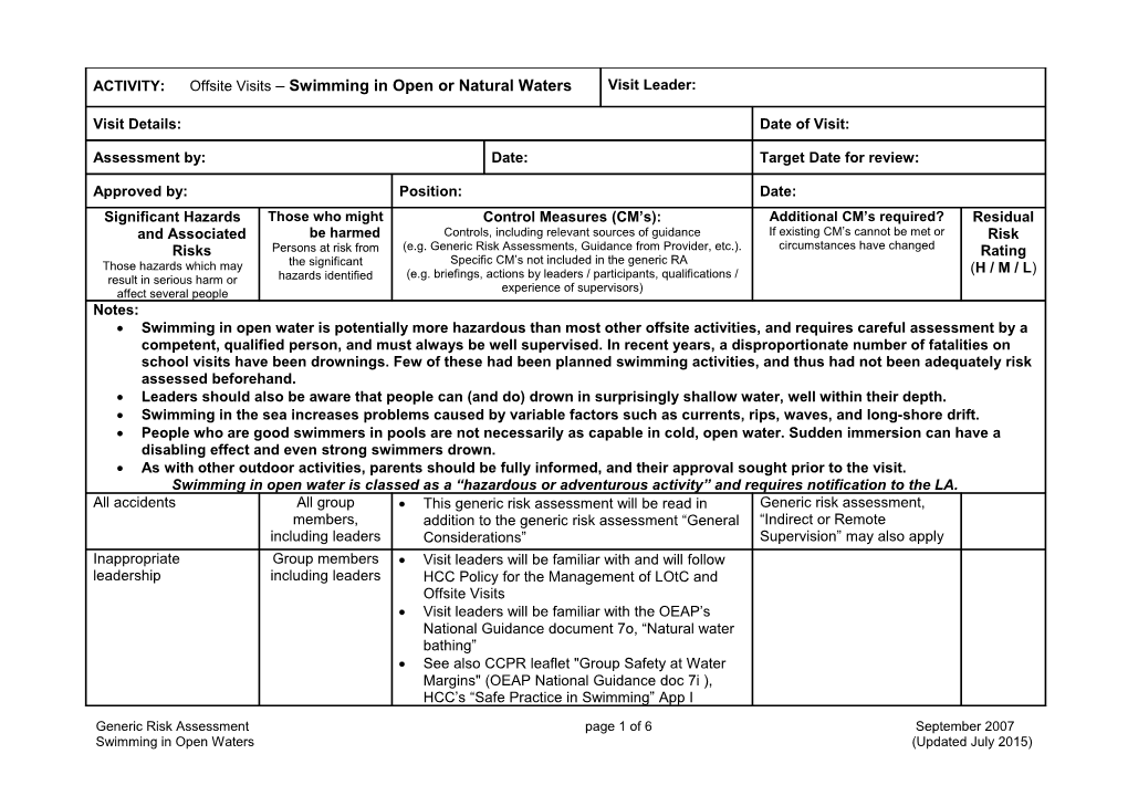 Offsite Visits Assessment - Swimming in Open Waters