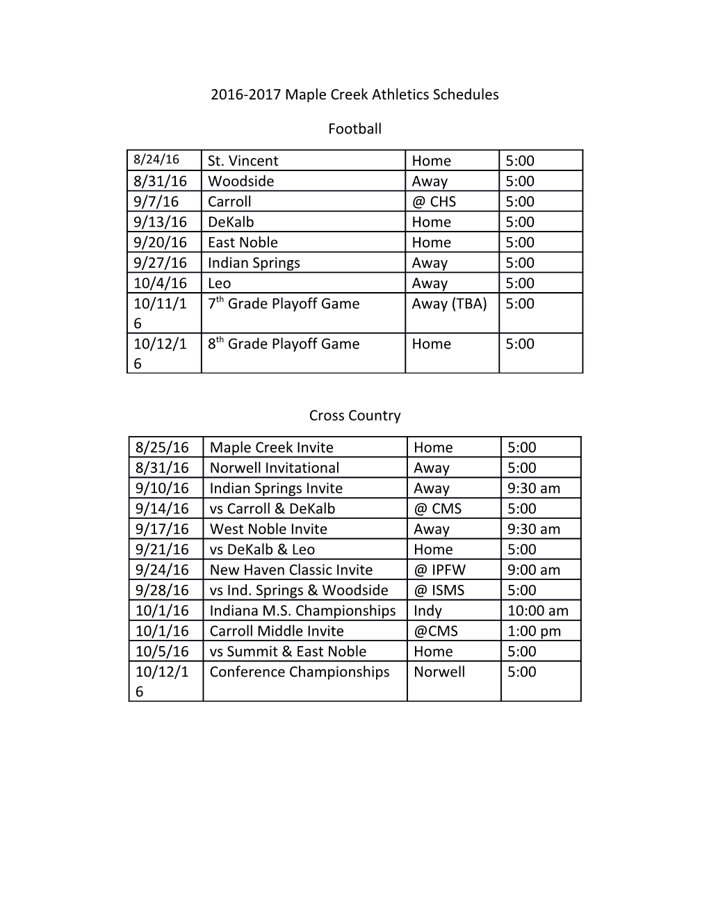 2016-2017 Maple Creek Athletics Schedules