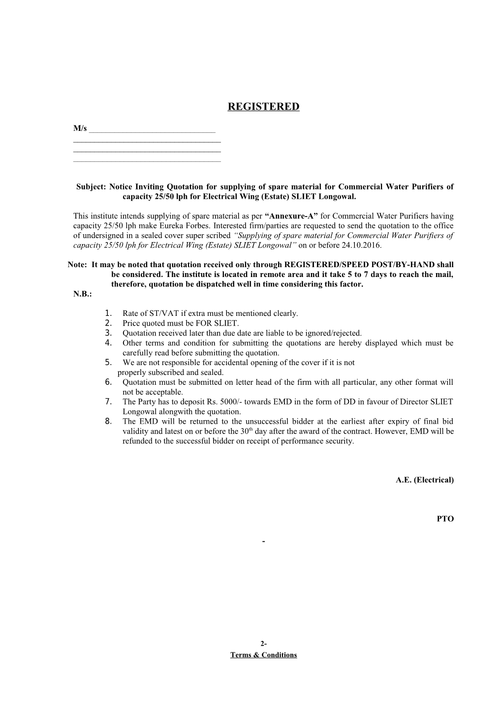 Subject: Notice Inviting Quotation for Supplying of Spare Material for Commercial Water