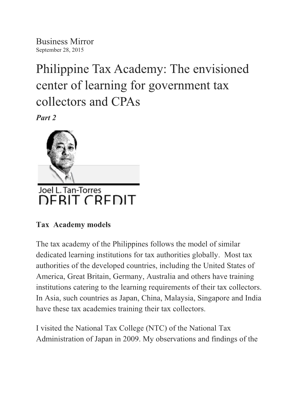 Philippine Tax Academy: the Envisioned Center of Learning for Government Tax Collectors and Cpas