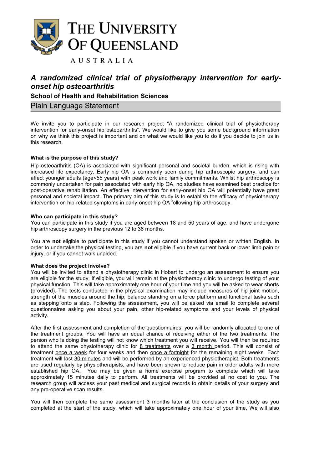 A Randomized Clinical Trial of Physiotherapy Intervention for Early-Onset Hip Osteoarthritis