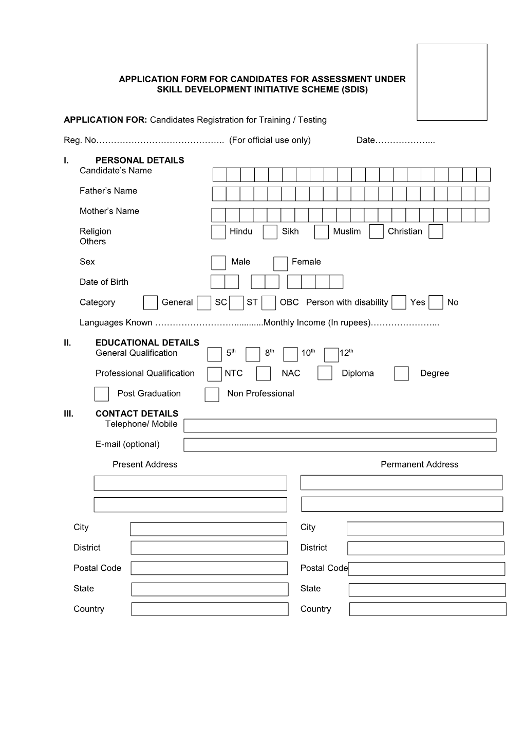 Application Form for Candidates for Assessment Under