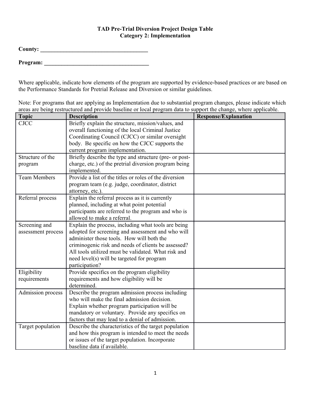 TAD Pre-Trial Diversion Project Design Table