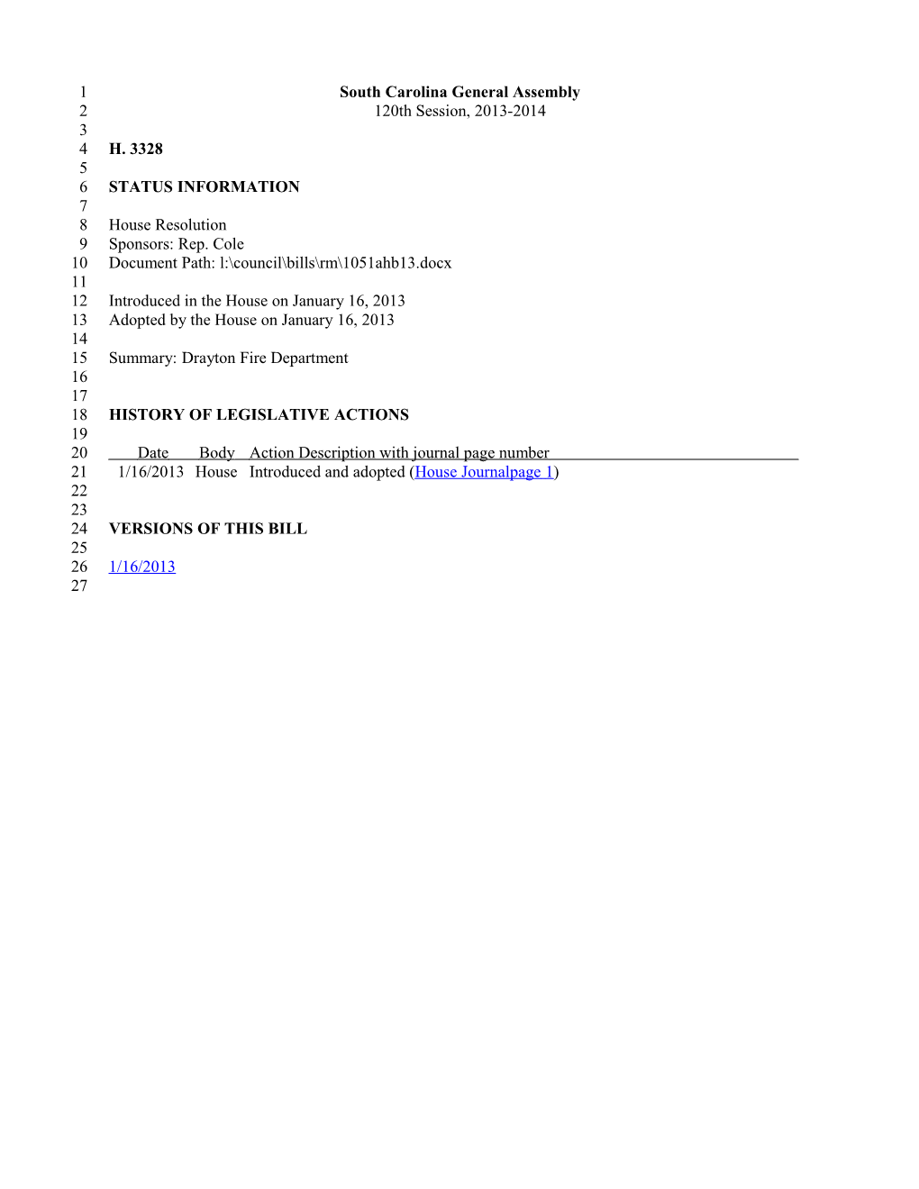 2013-2014 Bill 3328: Drayton Fire Department - South Carolina Legislature Online