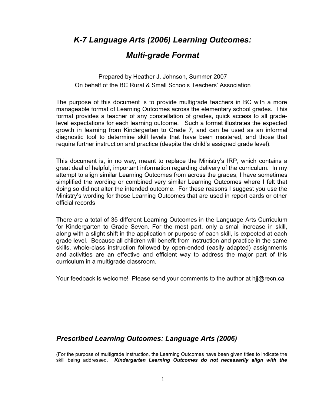 Language Arts (2006) Learning Outcomes