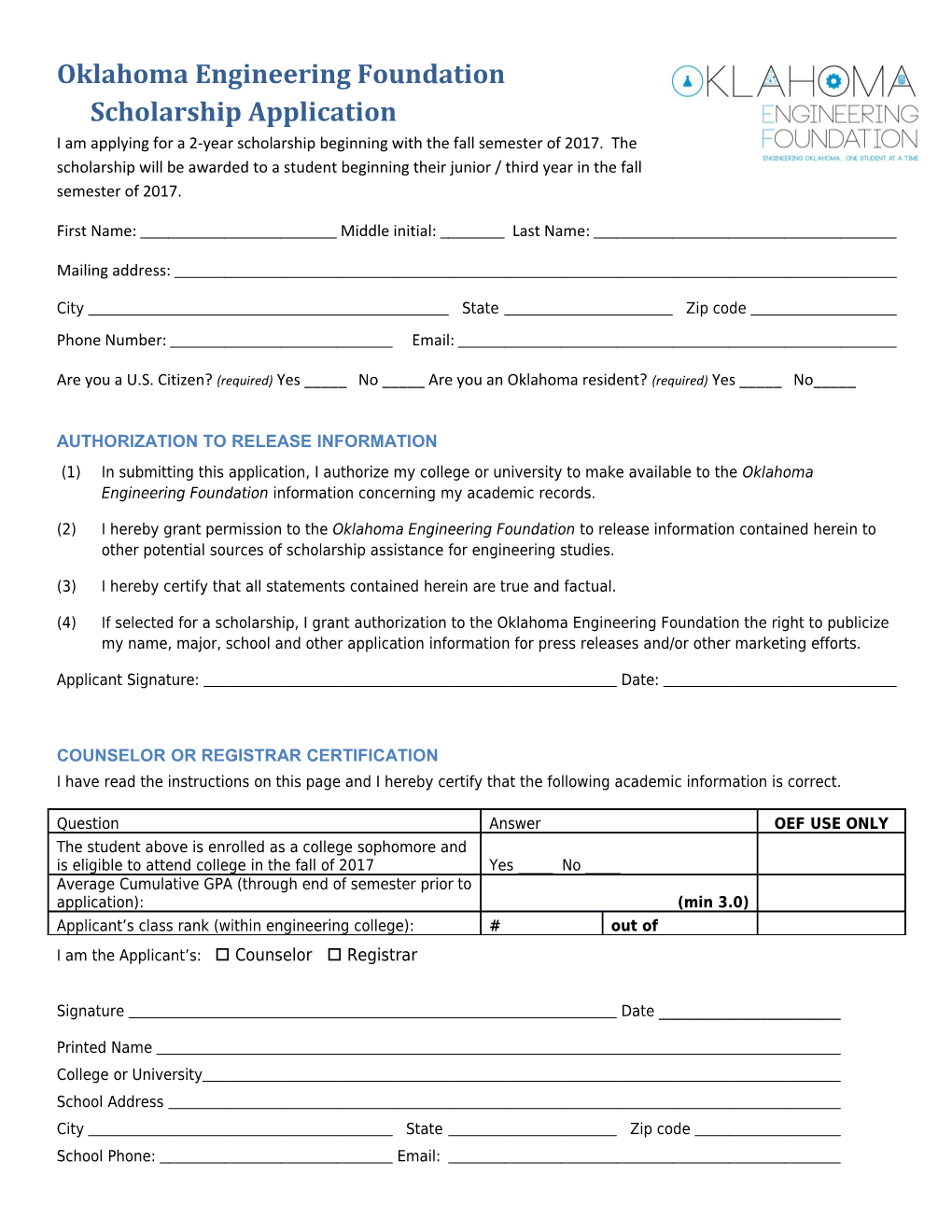 Oklahoma Engineering Foundation Scholarship Application