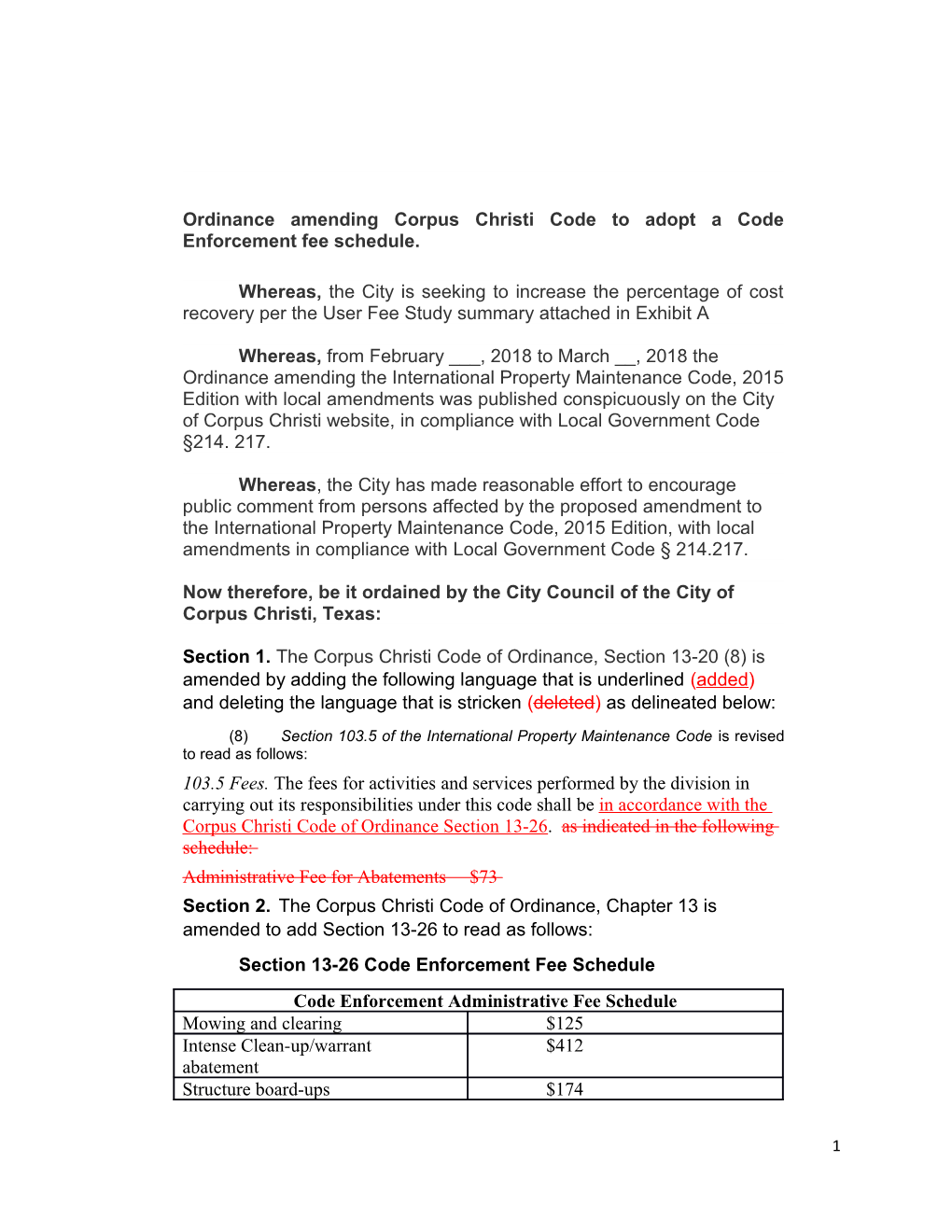 Ordinance Amendingcorpus Christi Code to Adopt Acode Enforcement Fee Schedule